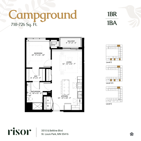 Floor plan for 1 bed, 1 bath, 726 sqft
